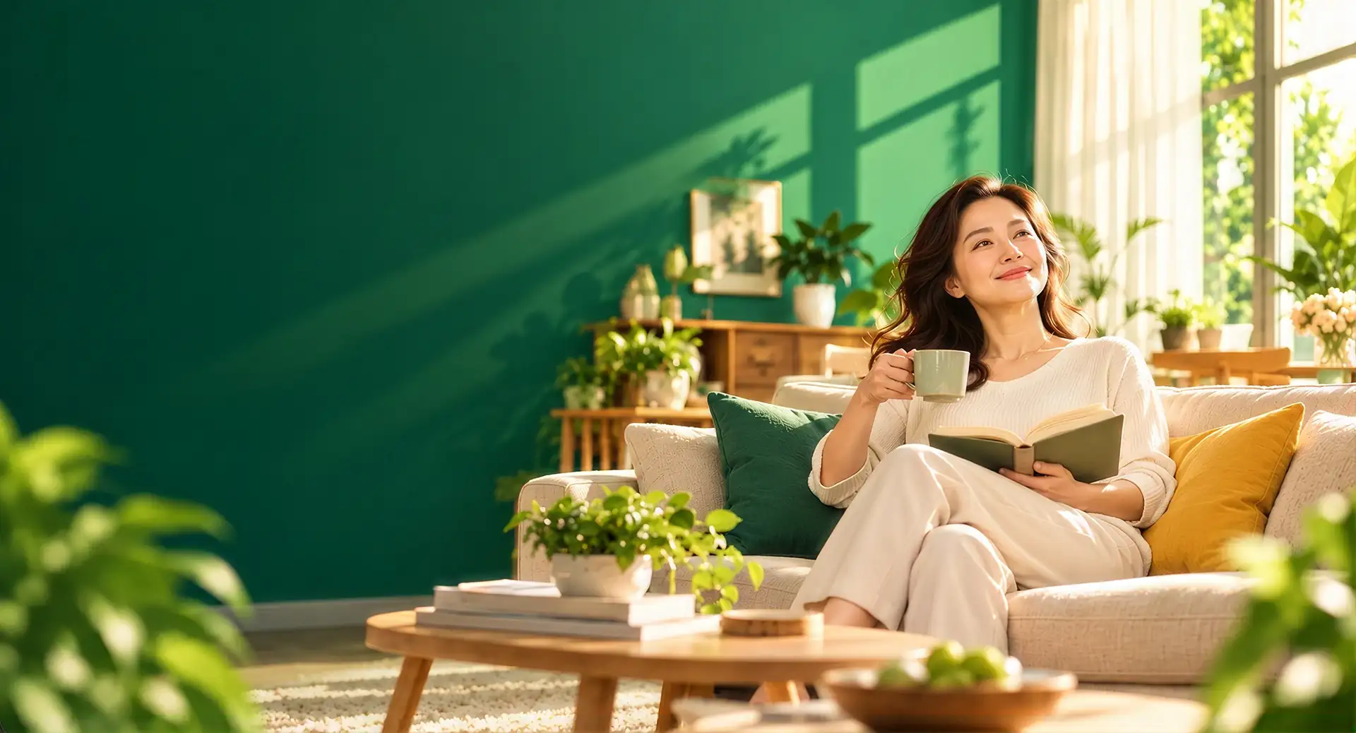 Chủ nhà thư thái đọc sách trong phòng khách sạch sẽ